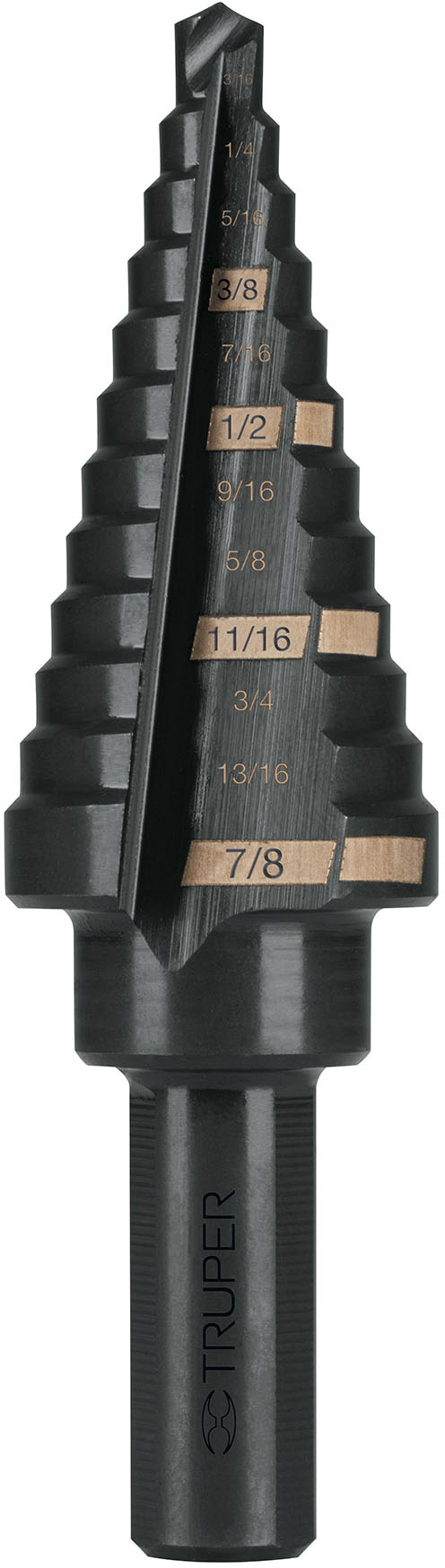 Imagen de BROCA ESCALONADA DE OXIDO NEGRO CON 12 ESCALONES DE 3/16" A 7/8" TRUPER
