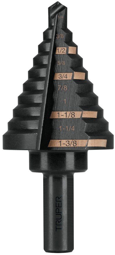 Imagen de BROCA ESCALONADA OXIDO NEGRO DE 10 ESCALONES DE 1/4" A 1-3/8"TRUPER