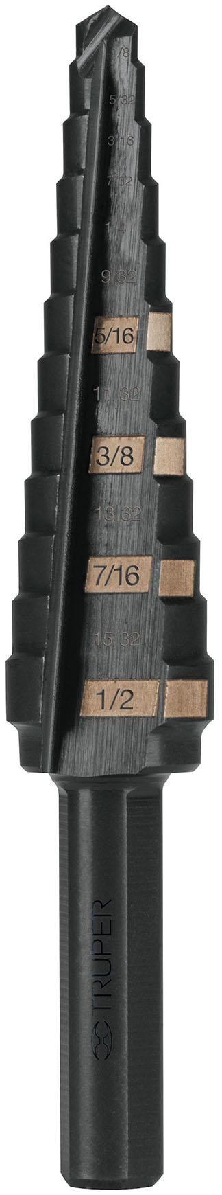 Imagen de BROCA ESCALONADA OXIDO NEGRO DE 13 ESCALONES DE 1/8" A 1/2" TRUPER