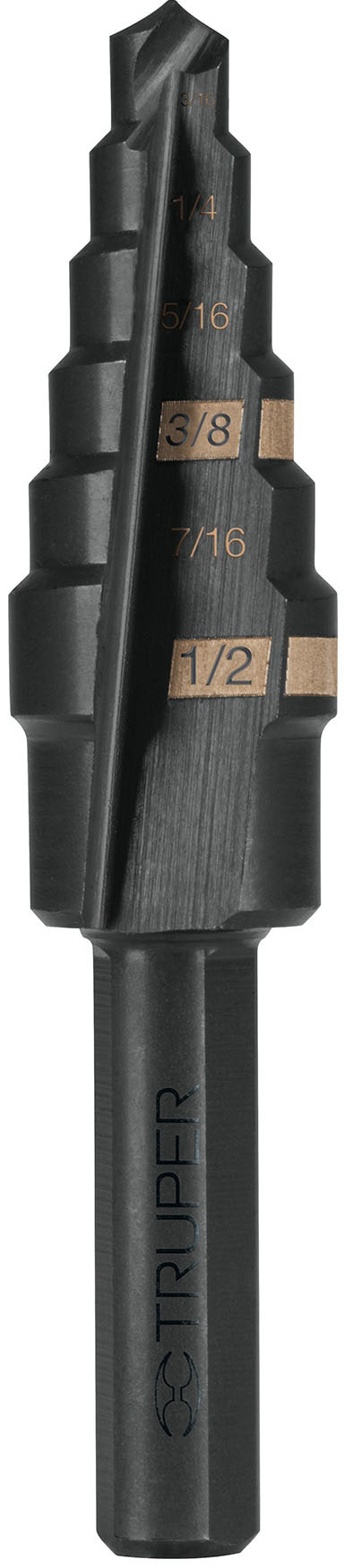 Imagen de BROCA ESCALONADA OXIDO NEGRO DE 6 ESCALONES DE 3/16" A 1/2" TRUPER
