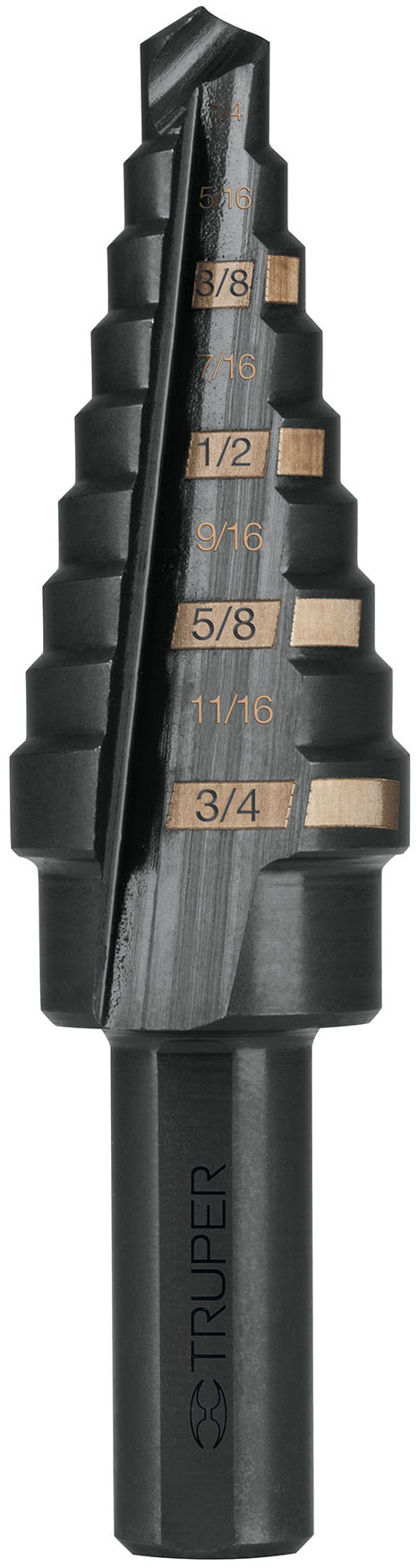 Imagen de BROCA ESCALONADA OXIDO NEGRO DE 9 ESCALONES DE 1/4" A 3/4" TRUPER