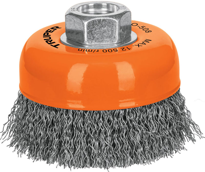 Imagen de CARDA DE COPA DE 3" CON ALAMBRE ONDULADO FINO CON EJE DE 5/8" DE DIAMETRO Y 11 HILOS POR PULGADA TRUPER