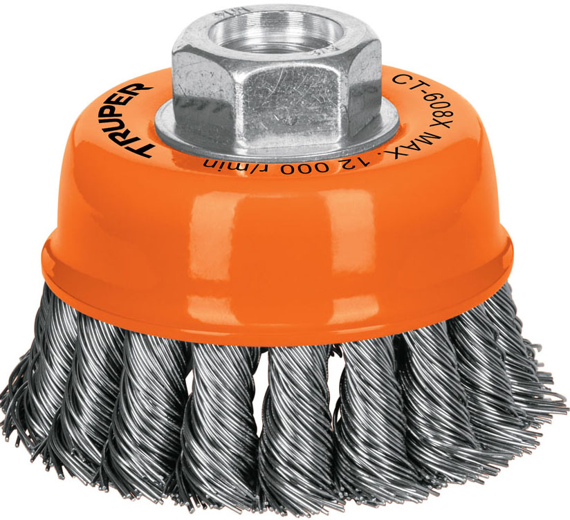 Imagen de CARDA DE COPA DE 3" CON ALAMBRE TRENZADO GRUESO CON EJE DE 5/8" DE DIAMETRO Y 11 HILOS POR PULGADA TRUPER