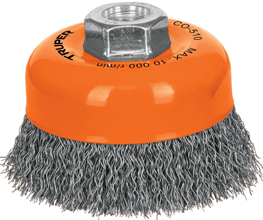 Imagen de CARDA DE COPA DE 4" CON ALAMBRE ONDULADO FINO CON EJE DE 5/8" DE DIAMETRO Y 11 HILOS POR PULGADA TRUPER