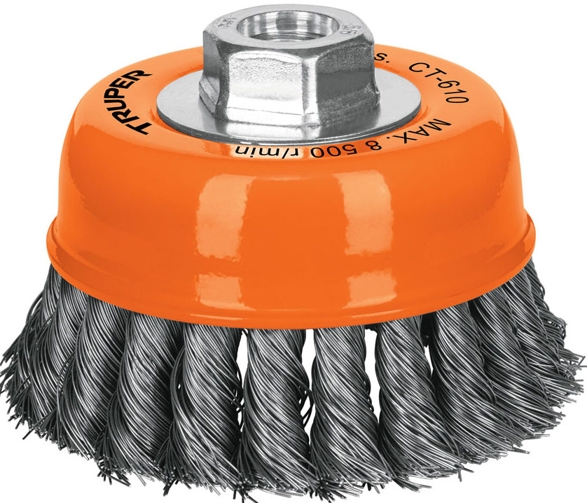 Imagen de CARDA DE COPA DE 4" CON ALAMBRE TRENZADO FINO CON EJE DE 5/8" DE DIAMETRO Y 11 HILOS POR PULGADA TRUPER