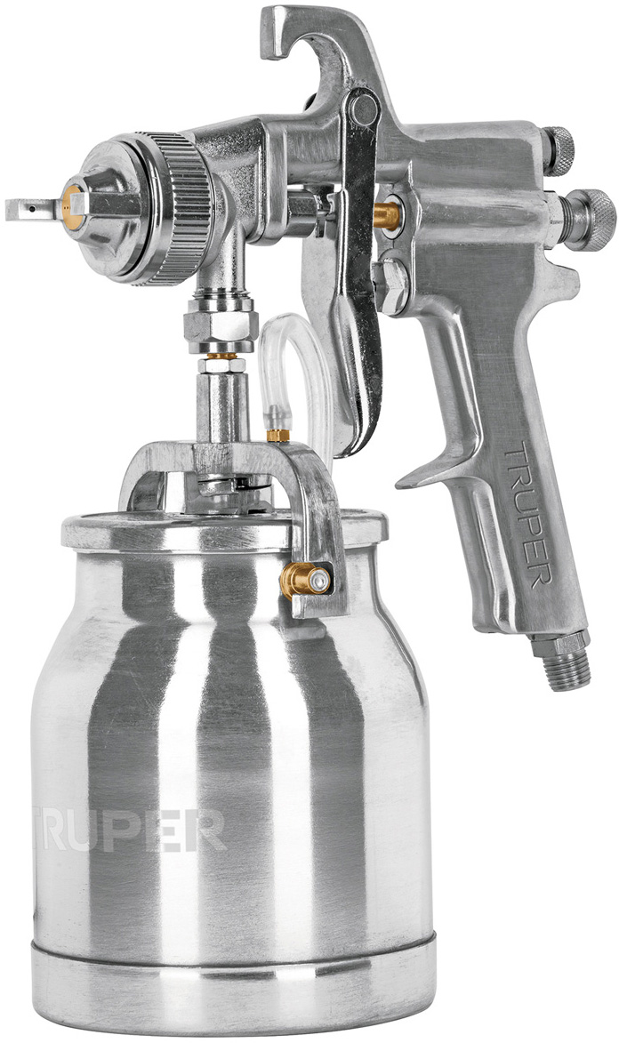 Imagen de PISTOLA PARA PINTAR CON SUCCION DE ALTO VOLUMEN DE AIRE Y BAJA PRESION CON VASO ALUMINIO DE 1.8 MM Y 2 VALVULAS TRUPER